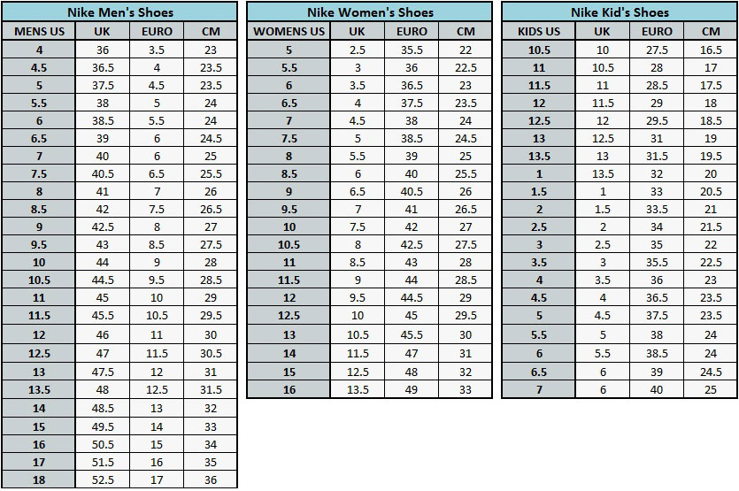 nike soccer cleats size chart